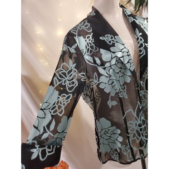 Alex Evenings Vtg Sheer Floral Jaquard Open Jacket Womens Size XL Black Blue - Picture 5 of 8